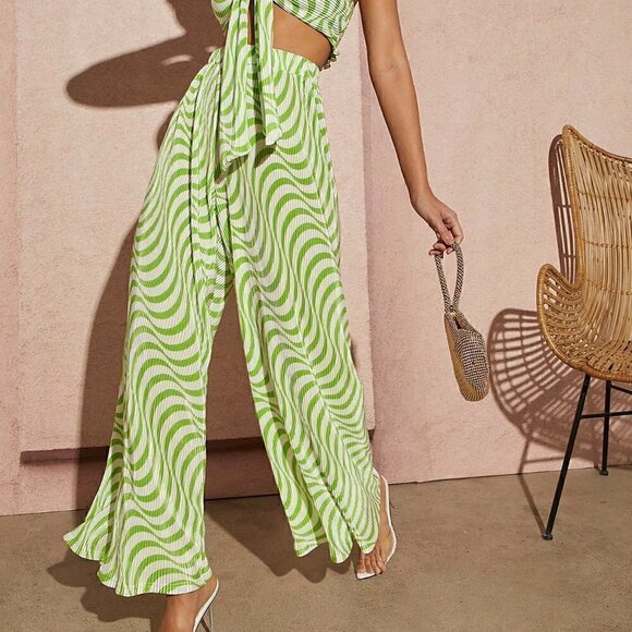 Multicolor Boho Womens Wave Striped Print Knot Front Tube Top & Wide Leg Pants - Picture 5 of 5